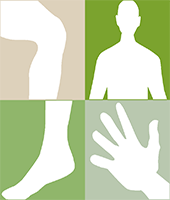Webseiten Logo, Abstrakt ein Knie, ein Oberkörper, ein Bein und eine Hand